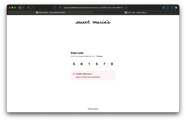 Six single-character boxes for a six digit login code, above the error "Couldn't sign you in."